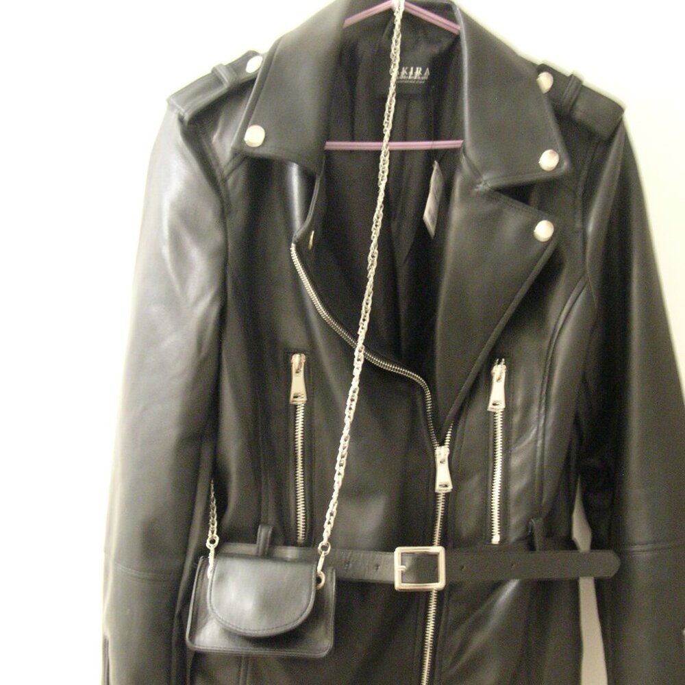 Akira thigh length black faux leather biker moto jacket with matching crossbody